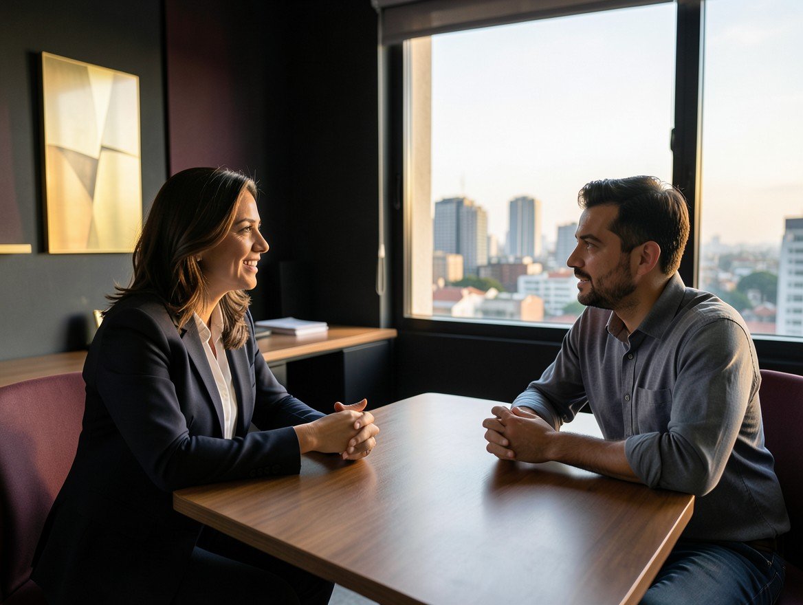 Asesora financiera conversa con un empresario en una oficina de Bogotá