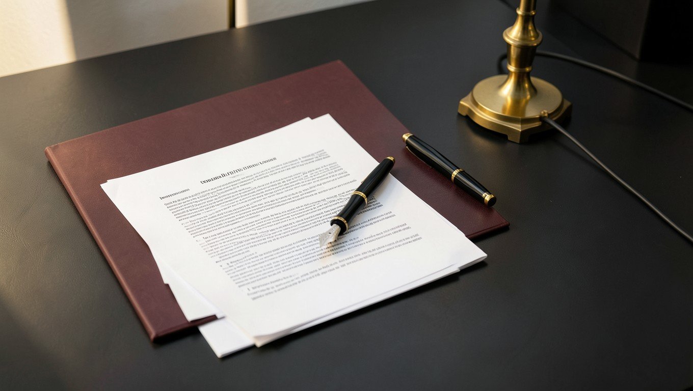 Documentos y elementos de trabajo sobre una mesa, imagen editorial de información legal